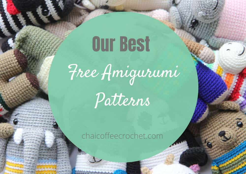 Amigurumi in the background. Text overlay says "Our Best free amigurumi patterns"