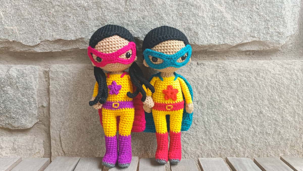 girl crochet superhero and boy crochet superhero dolls